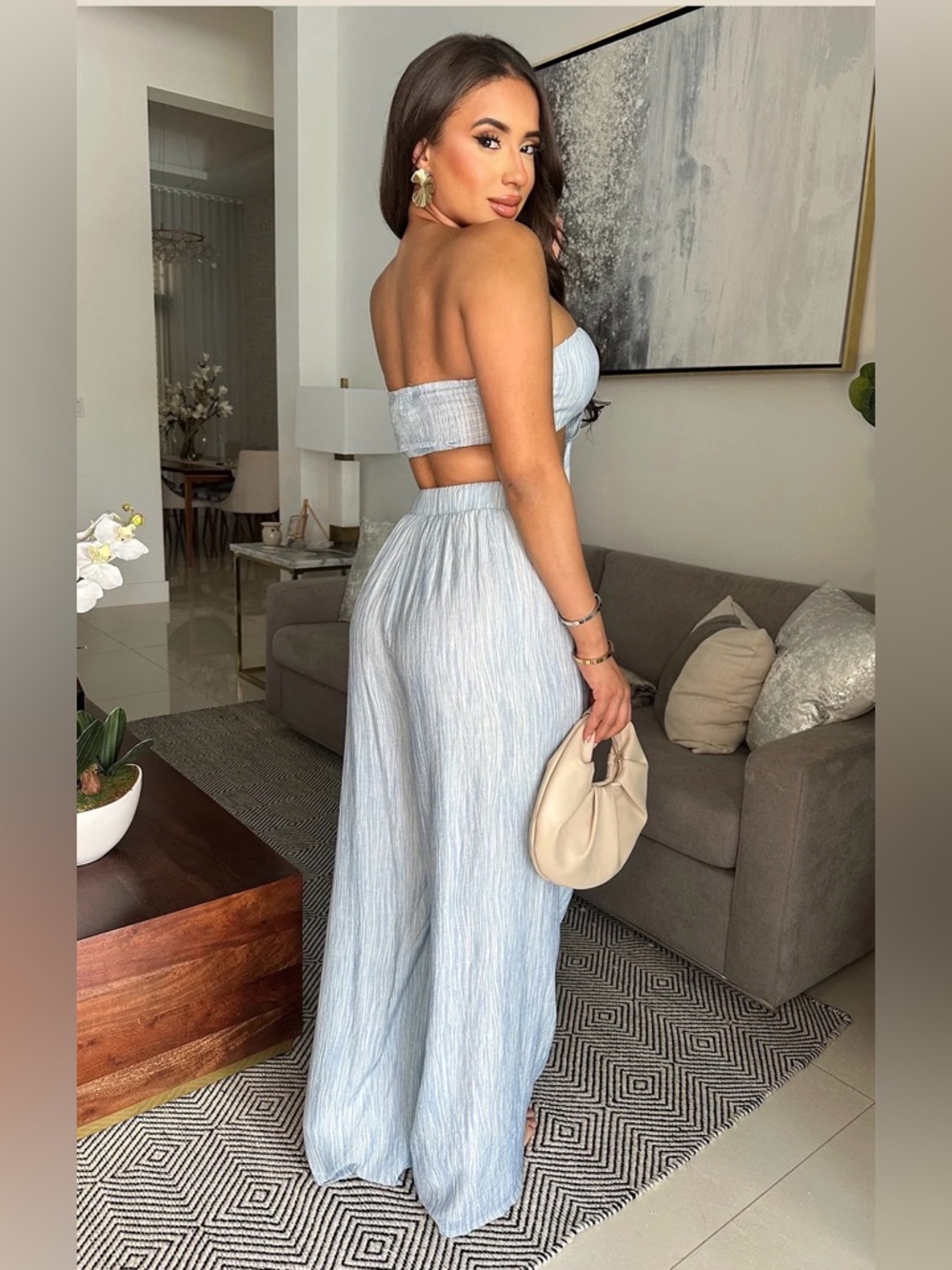 privy Light Blue Wide-Leg Tie-Front Crop Top & Pants Set - Picture 3 of 6